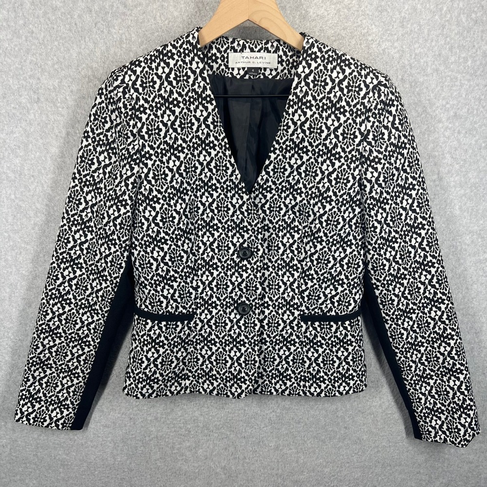 Tahari Arthur‎ S. Levine Blazer Womens 4 Black White Floral Geometric Print EUC